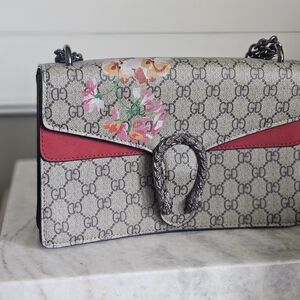 Floral Patterned Designer Shoulder Bag - Red and Gray